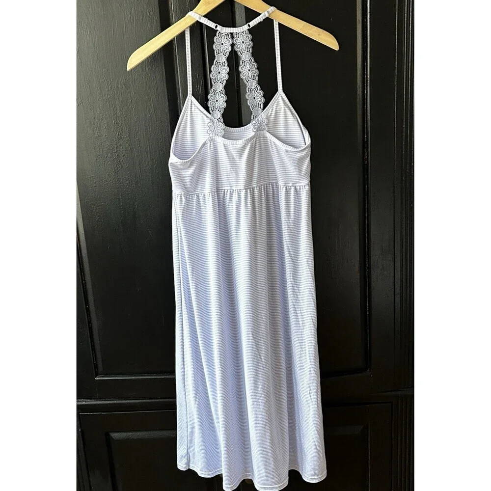 Laura Ashley Nightgown Dress Size Large Blue White Stripe Lace Back Cottagecore - Picture 7 of 9
